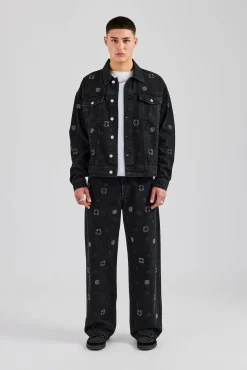 CLO-SET-DEN Oversized Embellished Jacket and Jean Set - Washed Black