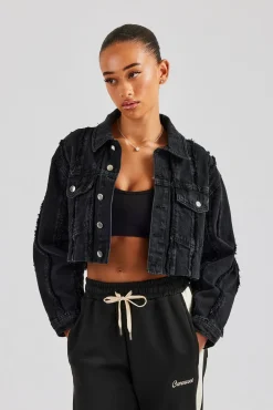 Women CLO-TOP-OUT-DEN Oversized Raw Edge Cropped Denim Jacket - Washed Black
