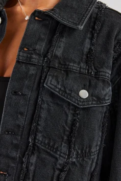 Women CLO-TOP-OUT-DEN Oversized Raw Edge Cropped Denim Jacket - Washed Black