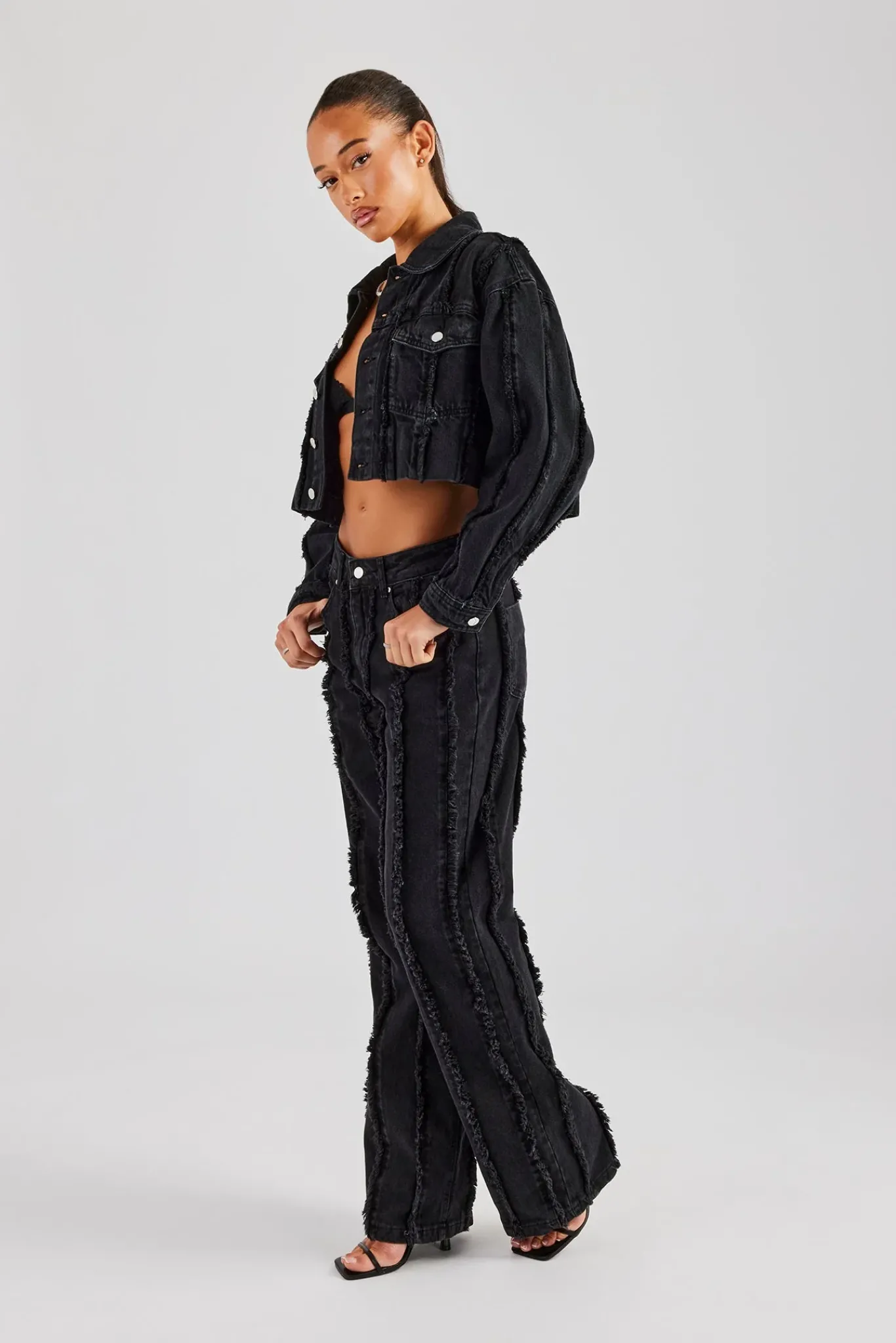 Women CLO-SET-DEN Oversized Raw Edge Cropped Denim Jacket & Relaxed Jean - Washed Black