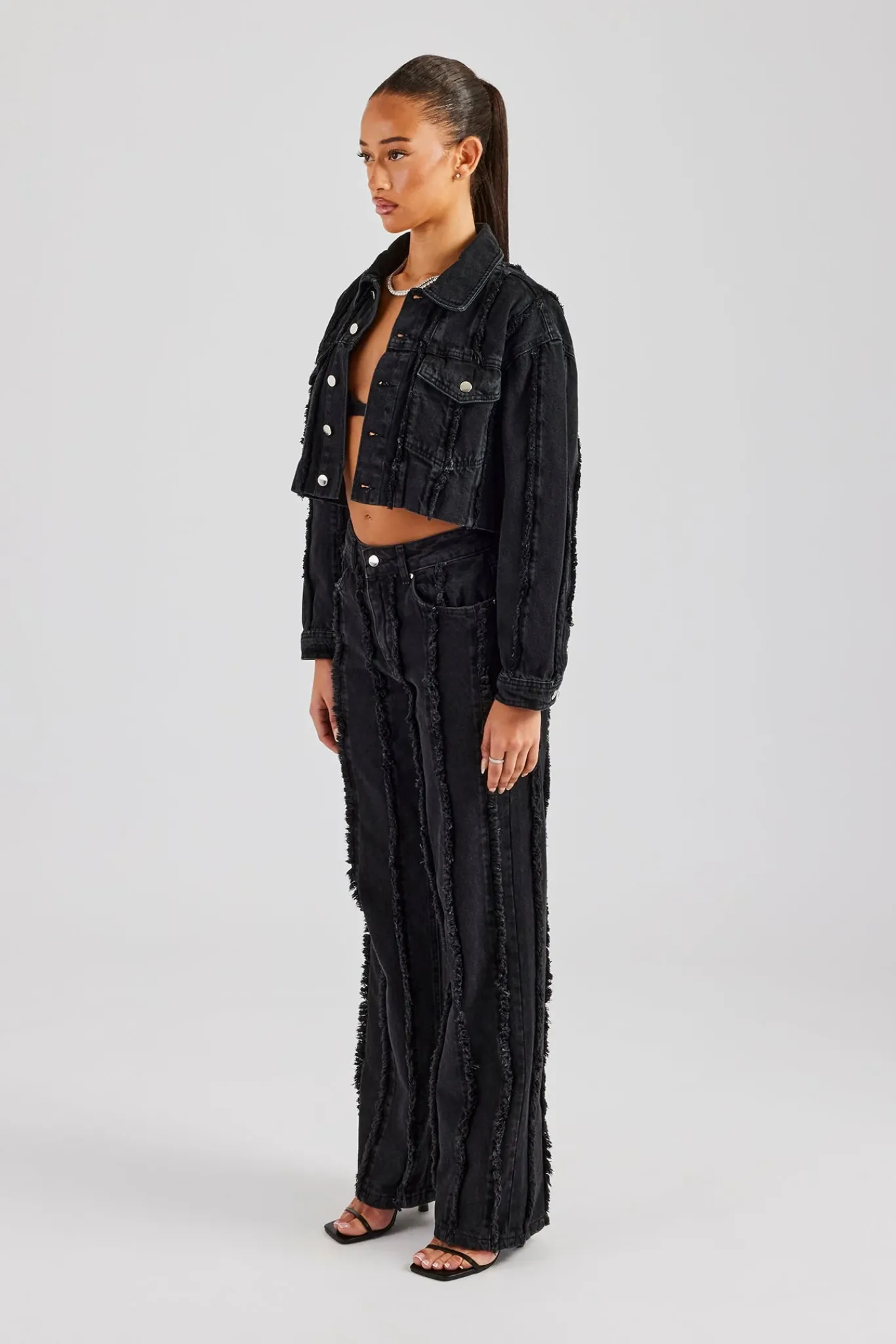 Women CLO-SET-DEN Oversized Raw Edge Cropped Denim Jacket & Relaxed Jean - Washed Black