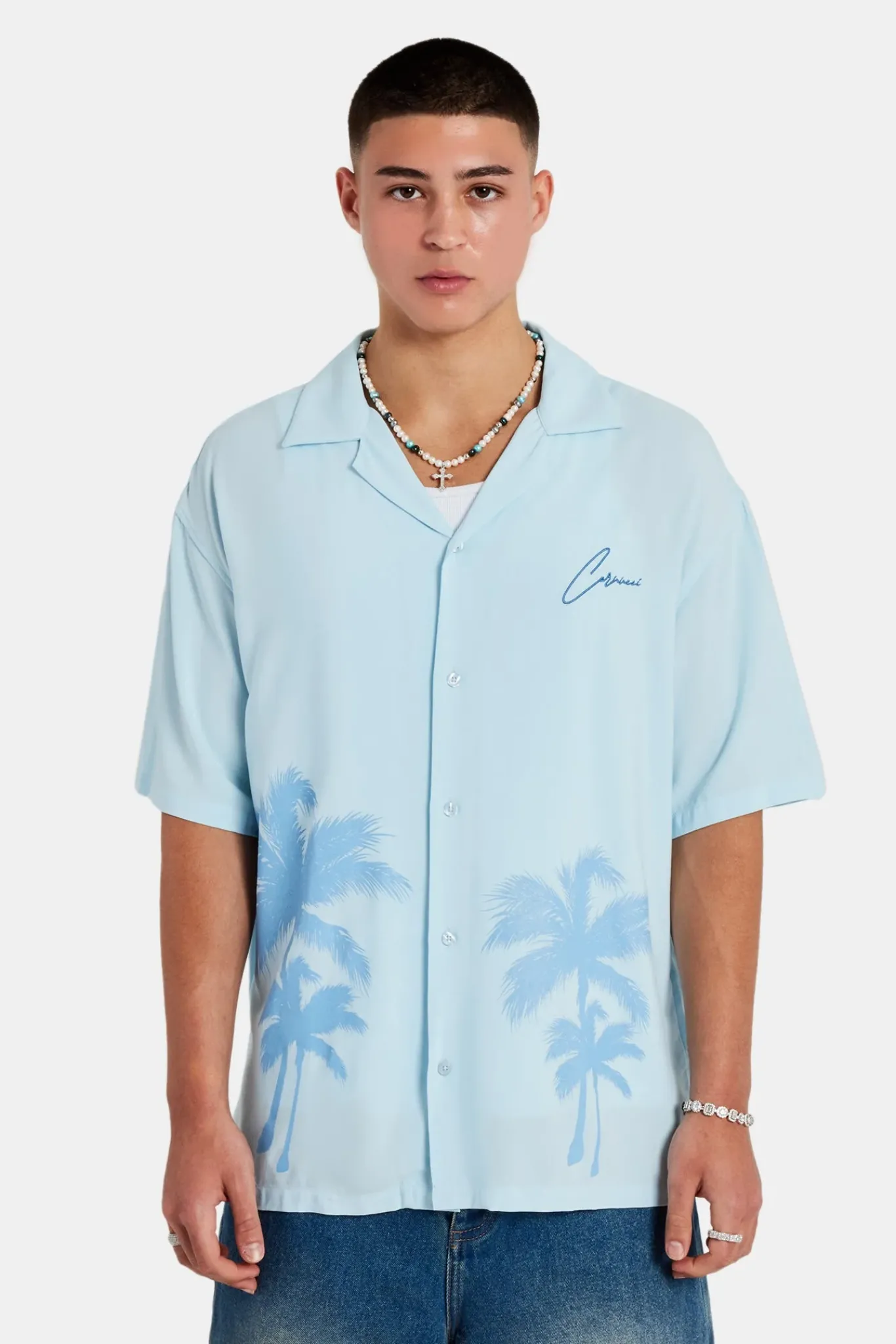 CLO-TOP-SHIR Palm Print Shirt - Light Blue