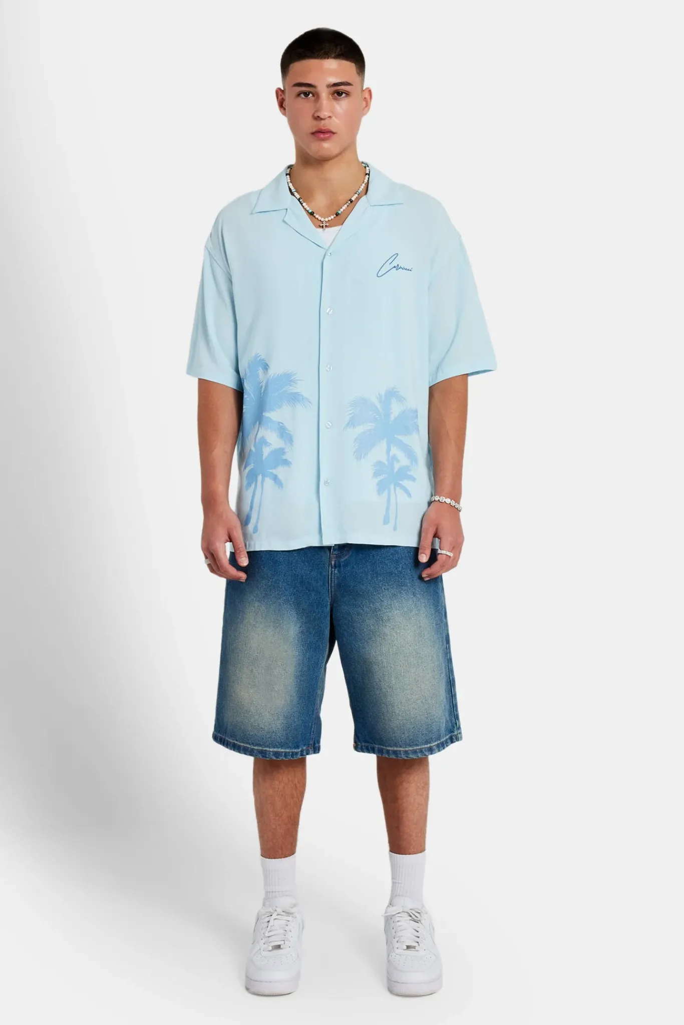 CLO-TOP-SHIR Palm Print Shirt - Light Blue
