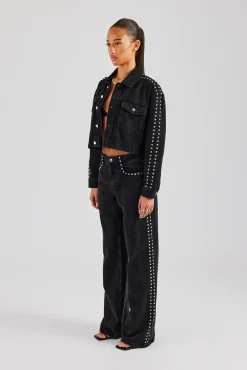 Women CLO-SET-DEN Pearl Stud Cropped Denim Jacket & Flare Jean - Washed Black