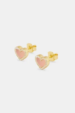 Women JWL-EAR Pink Agate Heart Stud Earrings
