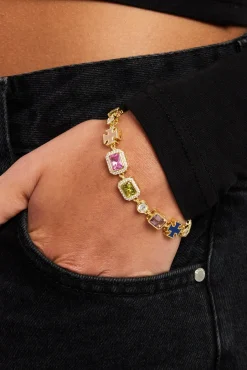 Women JWL-BRA Pink & Green Multi Gem Stone Motif Bracelet - Gold