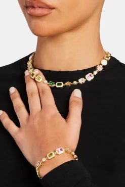 Women JWL-BUND Pink & Green Multi Gem Stone Motif Necklace & Bracelet  - Gold