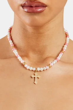 Women JWL-NECK-PRL Pink Bead & Cross Freshwater Pearl Necklace