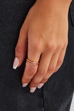 Women JWL-RNG Pink Centre Iced Band Ring - Gold 4mm