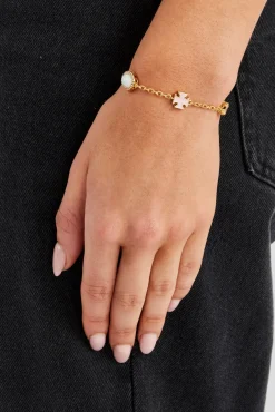 Women JWL-BRA Pink Enamel Cross & Gemstone Rolo Bracelet - 10mm