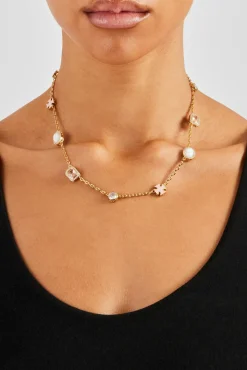 Women JWL-NECK Pink Enamel Cross & Gemstone Rolo Necklace - 10mm