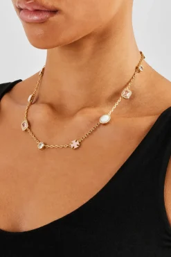 Women JWL-NECK Pink Enamel Cross & Gemstone Rolo Necklace - 10mm