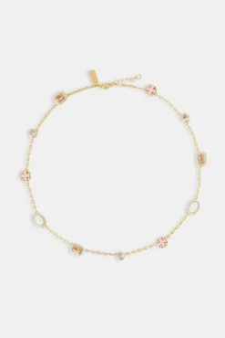 Women JWL-NECK Pink Enamel Cross & Gemstone Rolo Necklace - 10mm