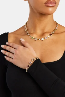 Women JWL-BUND Pink Heart Multi Gem Chain & Bracelet - Gold