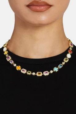 Women JWL-NECK Pink Multi Gemstone Motif Necklace - Gold