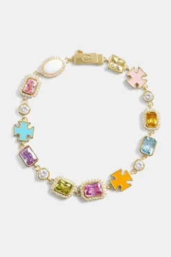 Women JWL-BRA Pink Multi Gemstone Motif Bracelet - Gold