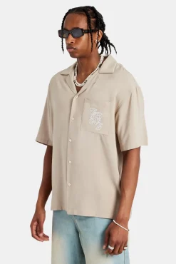CLO-TOP-SHIR Pocket Embroidered Bowling Shirt - Taupe