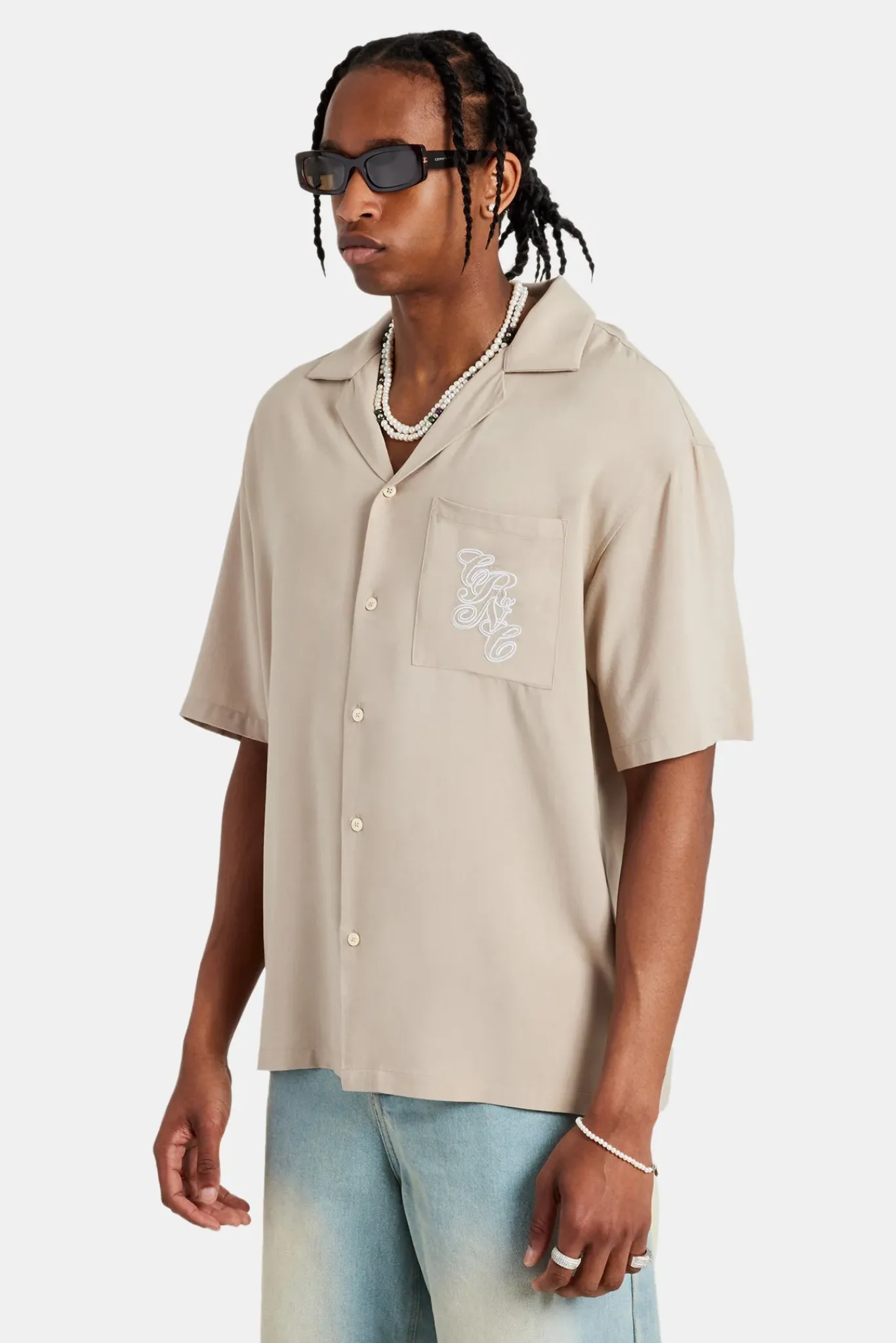 CLO-TOP-SHIR Pocket Embroidered Bowling Shirt - Taupe