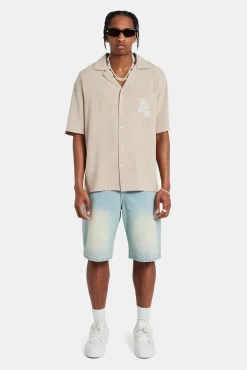 CLO-TOP-SHIR Pocket Embroidered Bowling Shirt - Taupe