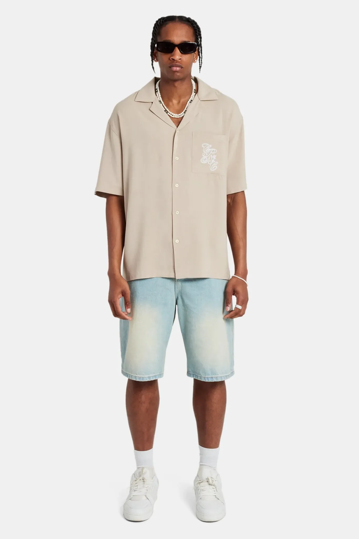 CLO-TOP-SHIR Pocket Embroidered Bowling Shirt - Taupe