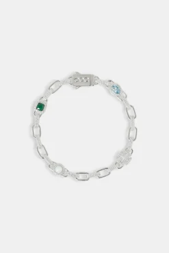 JWL-BRA Polished & Iced Link Gemstone Motif Bracelet - 6mm