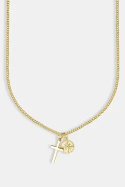JWL-NECK Polished Cross & Compass Layered Necklace - 15mm - Gold