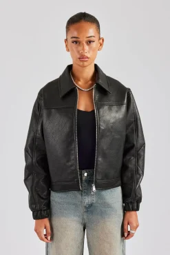 Women CLO-TOP-OUT PU Embroidered Harrington Jacket - Black
