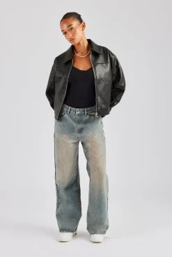 Women CLO-TOP-OUT PU Embroidered Harrington Jacket - Black