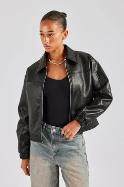 Women CLO-TOP-OUT PU Embroidered Harrington Jacket - Black