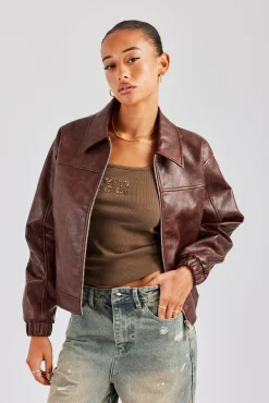 Women CLO-TOP-OUT PU Embroidered Harrington Jacket - Brown