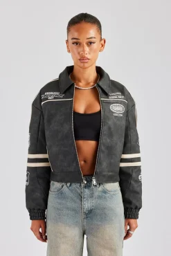 Women CLO-TOP-OUT PU Moto Badge Harrington Jacket - Charcoal