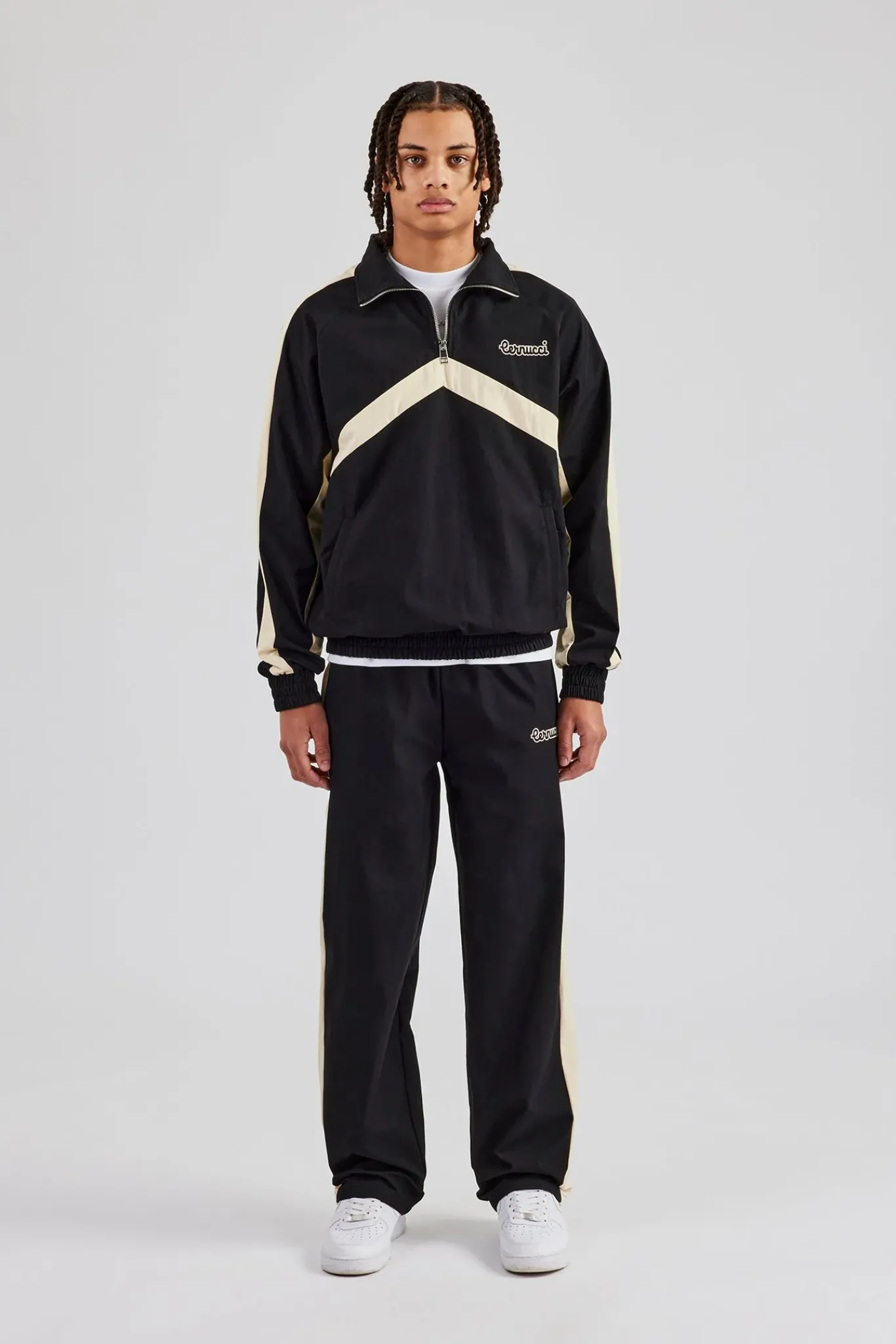 CLO-SET Quarter Zip Nylon Contrast Stripe Jacket & Straight Leg Jogger - Black