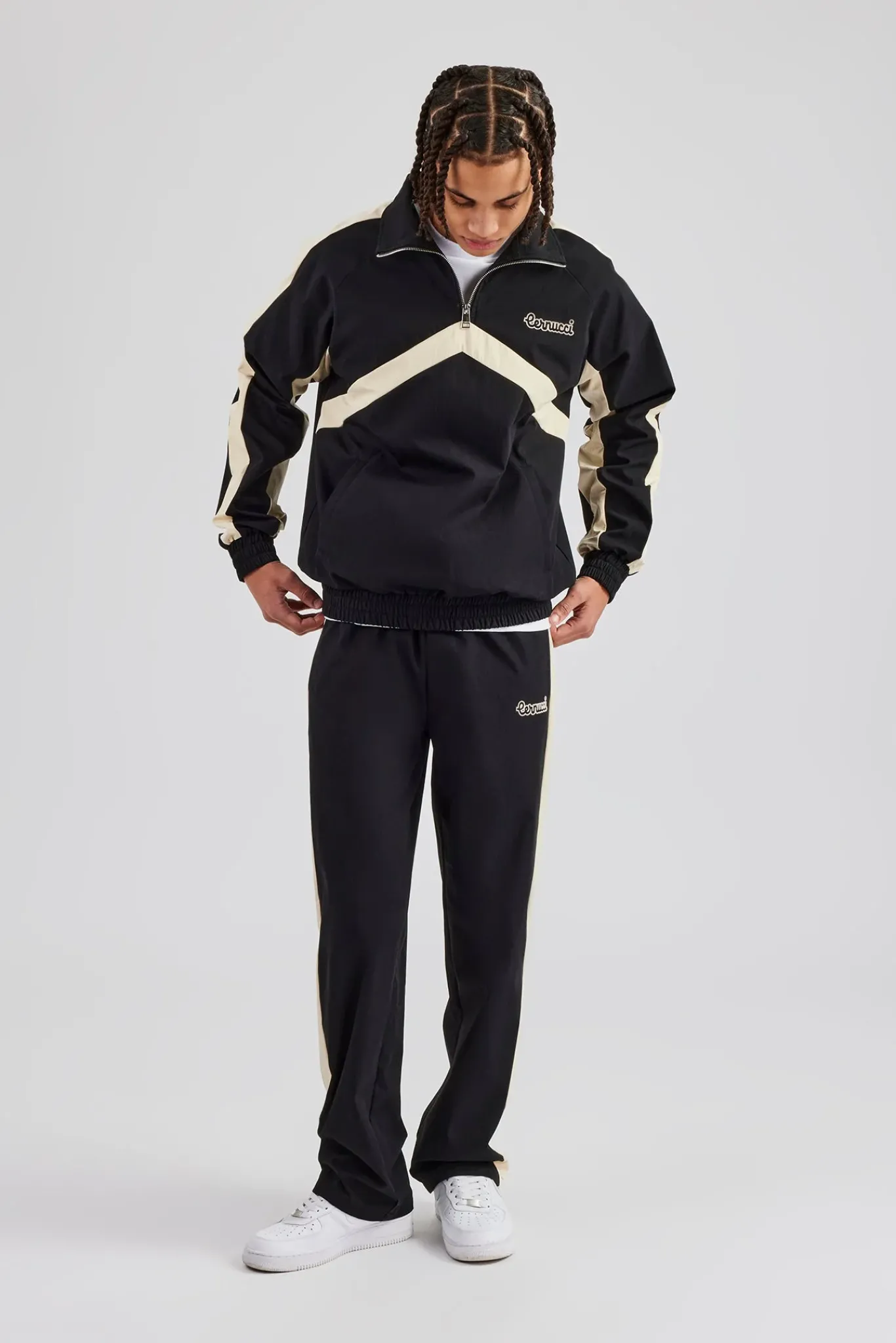 CLO-SET Quarter Zip Nylon Contrast Stripe Jacket & Straight Leg Jogger - Black