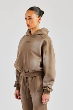 Women CLO-TOP-HS-HOOD Raglan Washed Cropped Hoodie - Washed Taupe