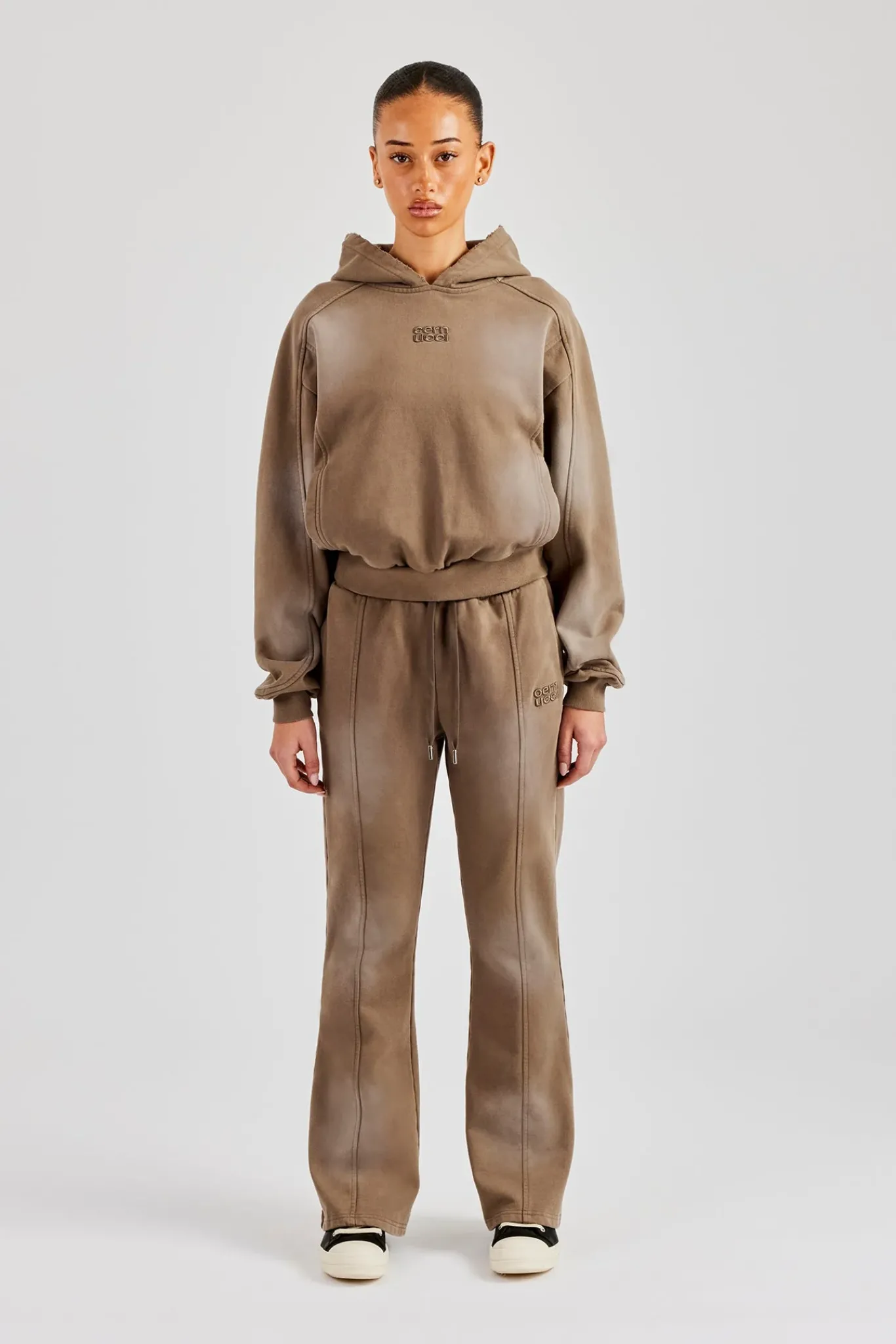 Women CLO-SET Raglan Washed Cropped Hoodie & Flare Trouser - Washed Taupe
