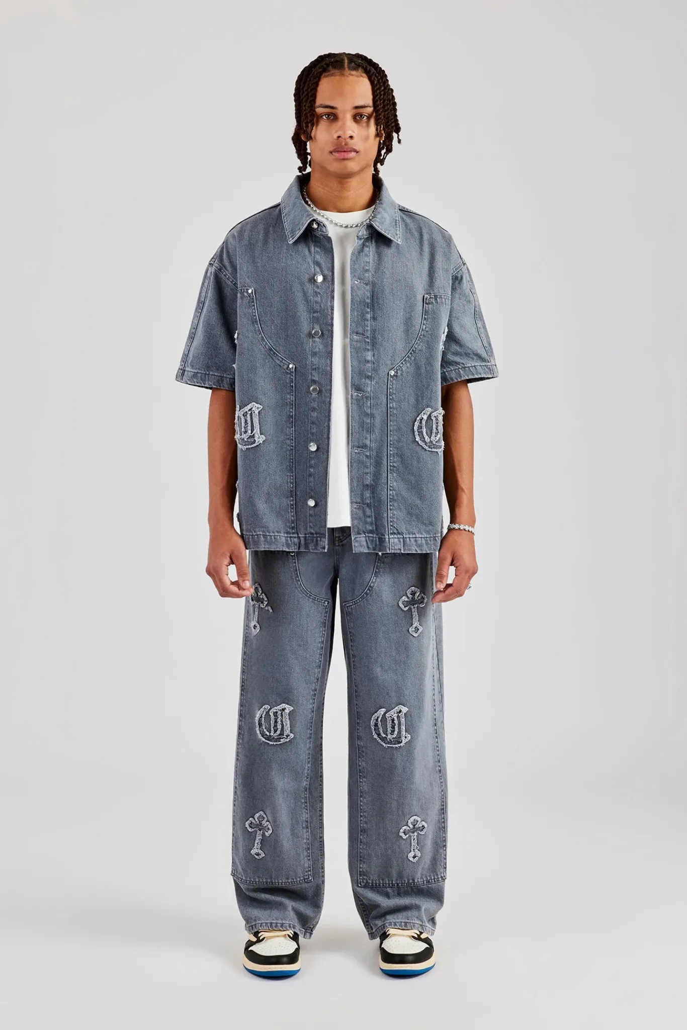 CLO-TOP-SHIR Raw Edge Applique Carpenter Denim Shirt - Washed Grey