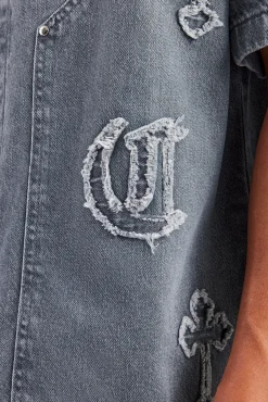 CLO-TOP-SHIR Raw Edge Applique Carpenter Denim Shirt - Washed Grey