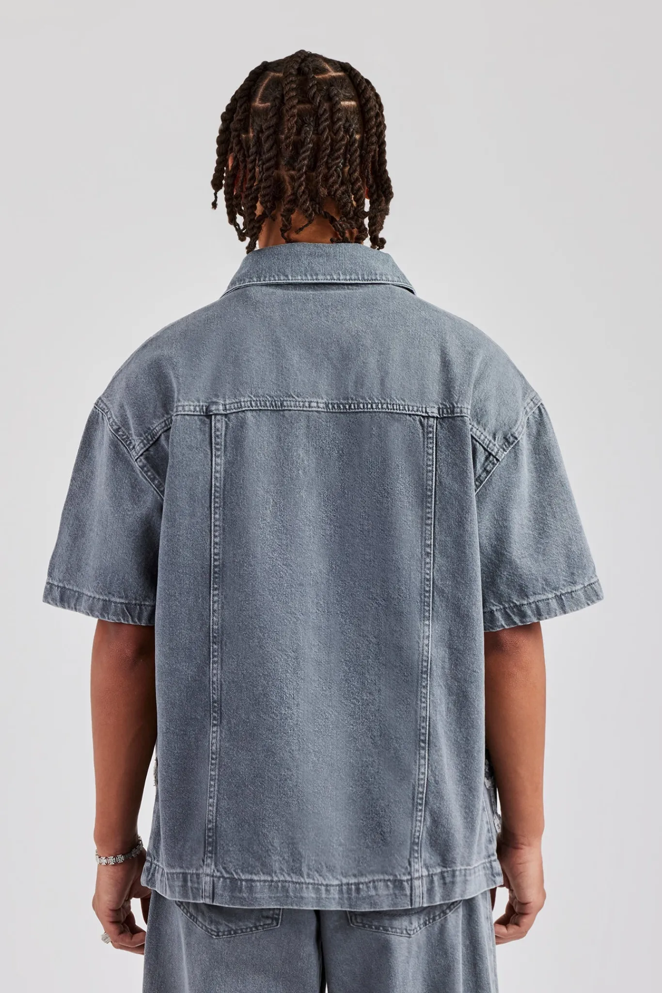 CLO-TOP-SHIR Raw Edge Applique Carpenter Denim Shirt - Washed Grey