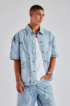 CLO-TOP-SHIR-DEN Raw Edge Applique Carpenter Denim Shirt - Ice Blue