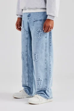 CLO-BOT-DEN Raw Edge Applique Carpenter Denim Jeans - Light Blue