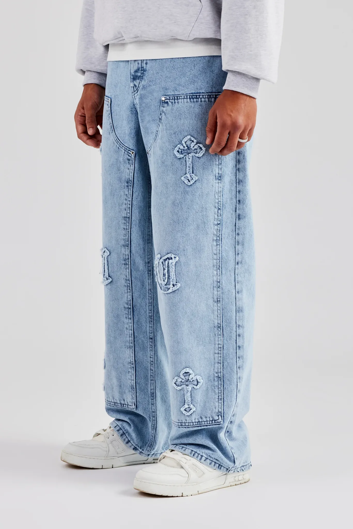 CLO-BOT-DEN Raw Edge Applique Carpenter Denim Jeans - Light Blue