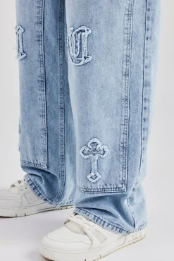 CLO-BOT-DEN Raw Edge Applique Carpenter Denim Jeans - Light Blue