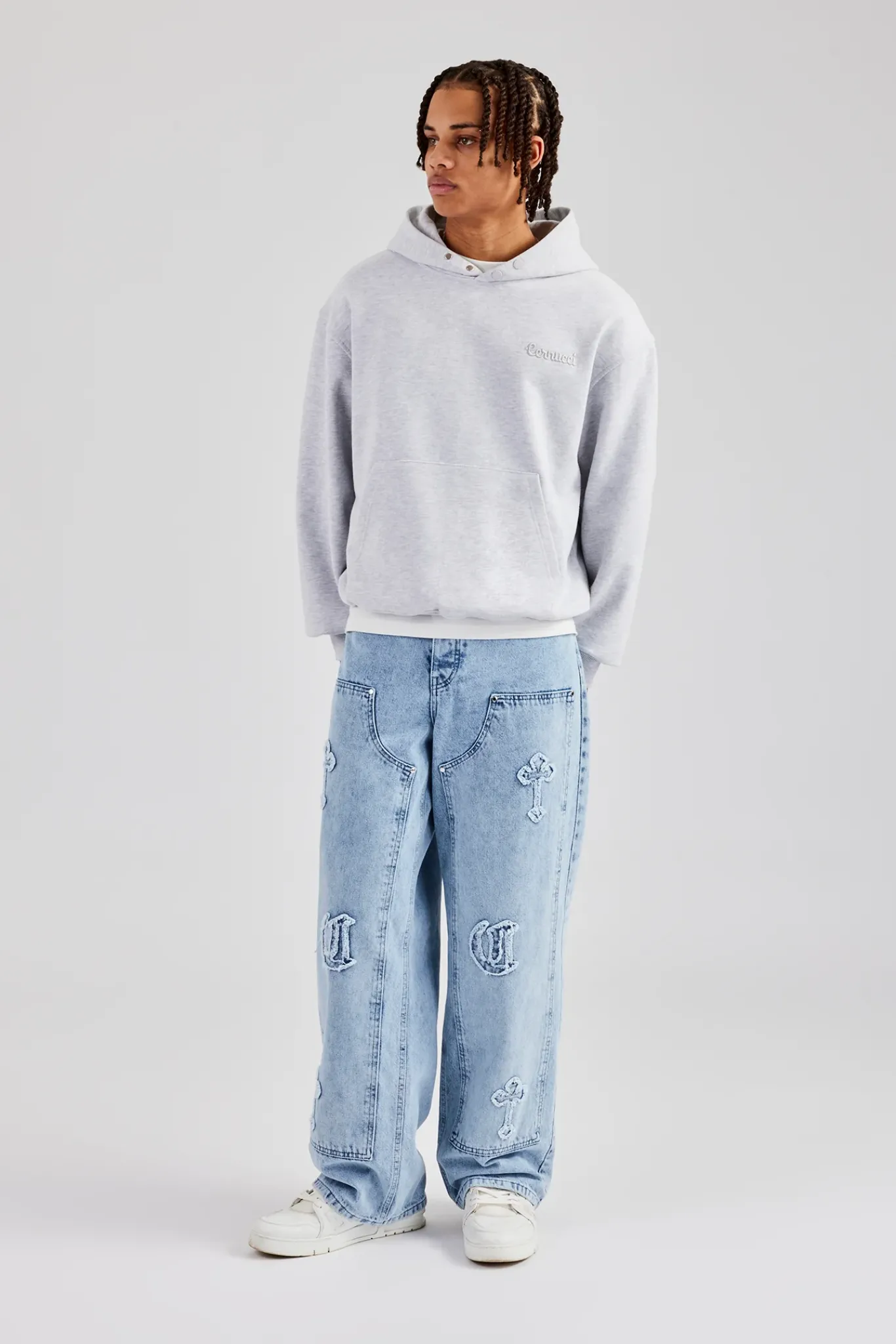 CLO-BOT-DEN Raw Edge Applique Carpenter Denim Jeans - Light Blue