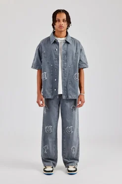 CLO-SET-DEN Raw Edge Applique Carpenter Denim Shirt & Jeans - Washed Grey