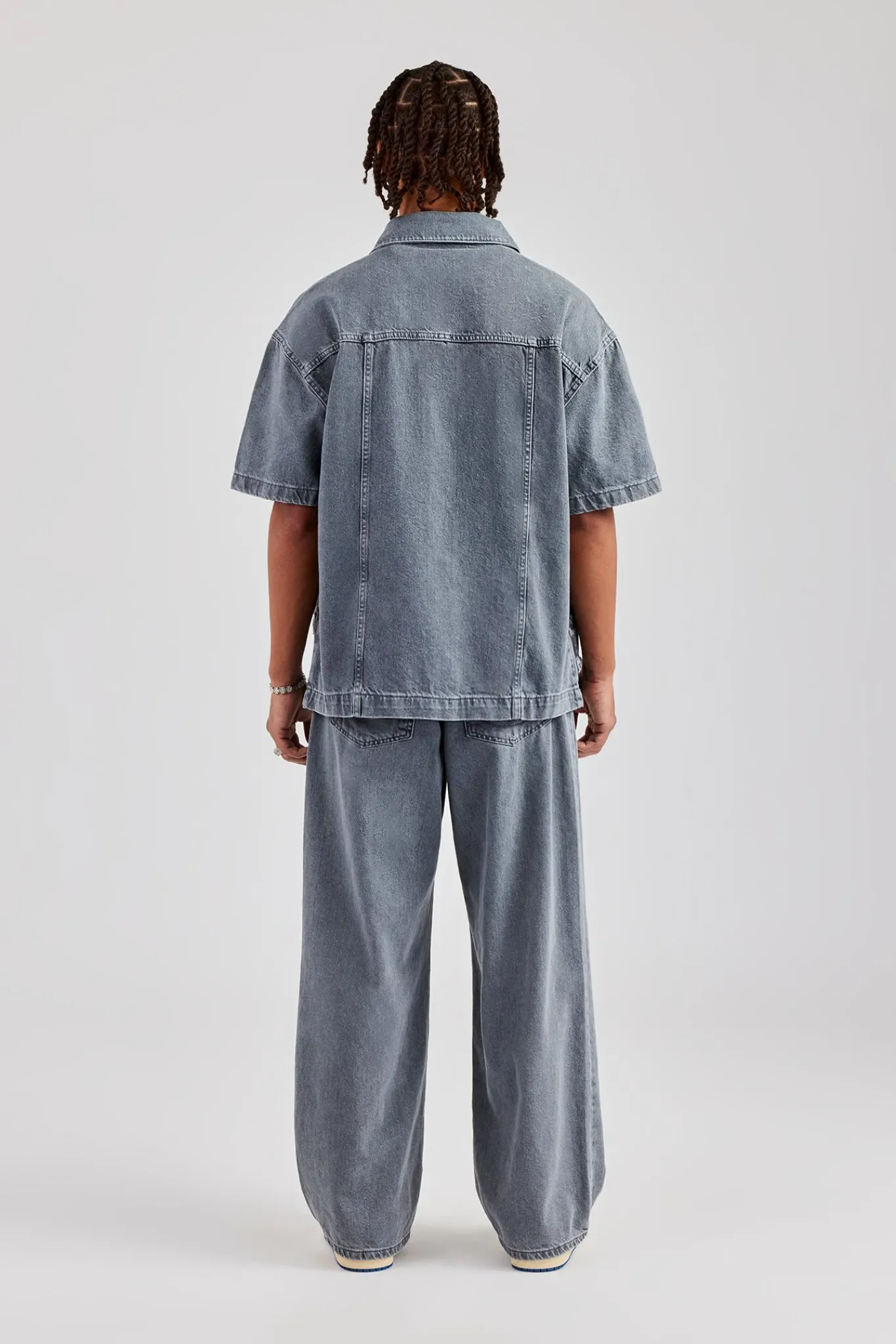 CLO-SET-DEN Raw Edge Applique Carpenter Denim Shirt & Jeans - Washed Grey