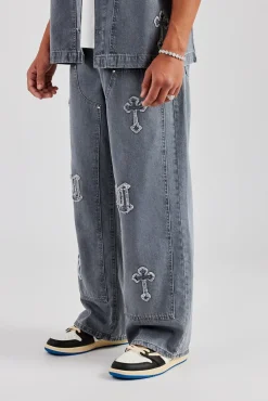 CLO-BOT-DEN Raw Edge Applique Carpenter Denim Jeans - Washed Grey