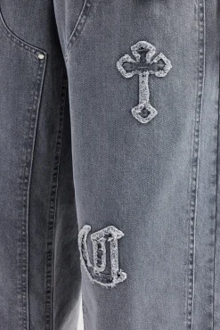 CLO-BOT-DEN Raw Edge Applique Carpenter Denim Jeans - Washed Grey
