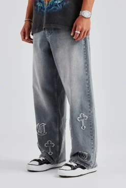 CLO-BOT-DEN Raw Edge Applique Cross Baggy Jean - Grey Wash
