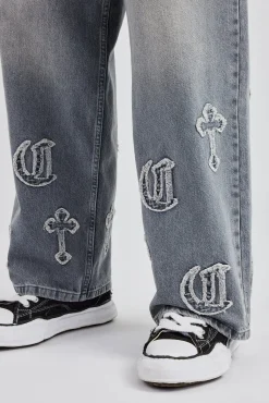 CLO-BOT-DEN Raw Edge Applique Cross Baggy Jean - Grey Wash