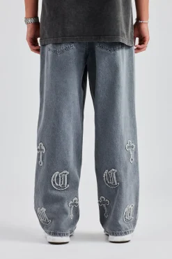 CLO-BOT-DEN Raw Edge Applique Cross Baggy Jean - Grey Wash